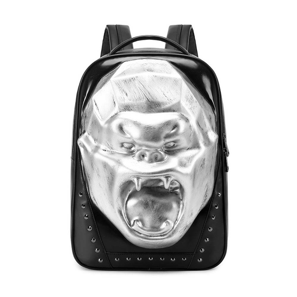 Unisex 3D skull backpack by Rossie Viren featuring an angry King Kong design, studded details, and large capacity for laptops.