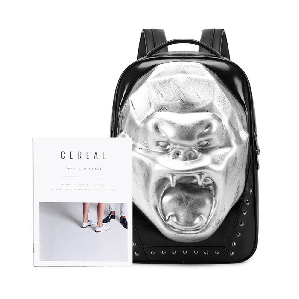 Unisex 3D skull and King Kong design backpack by Rossie Viren, featuring studs and large capacity for laptops and daily use.