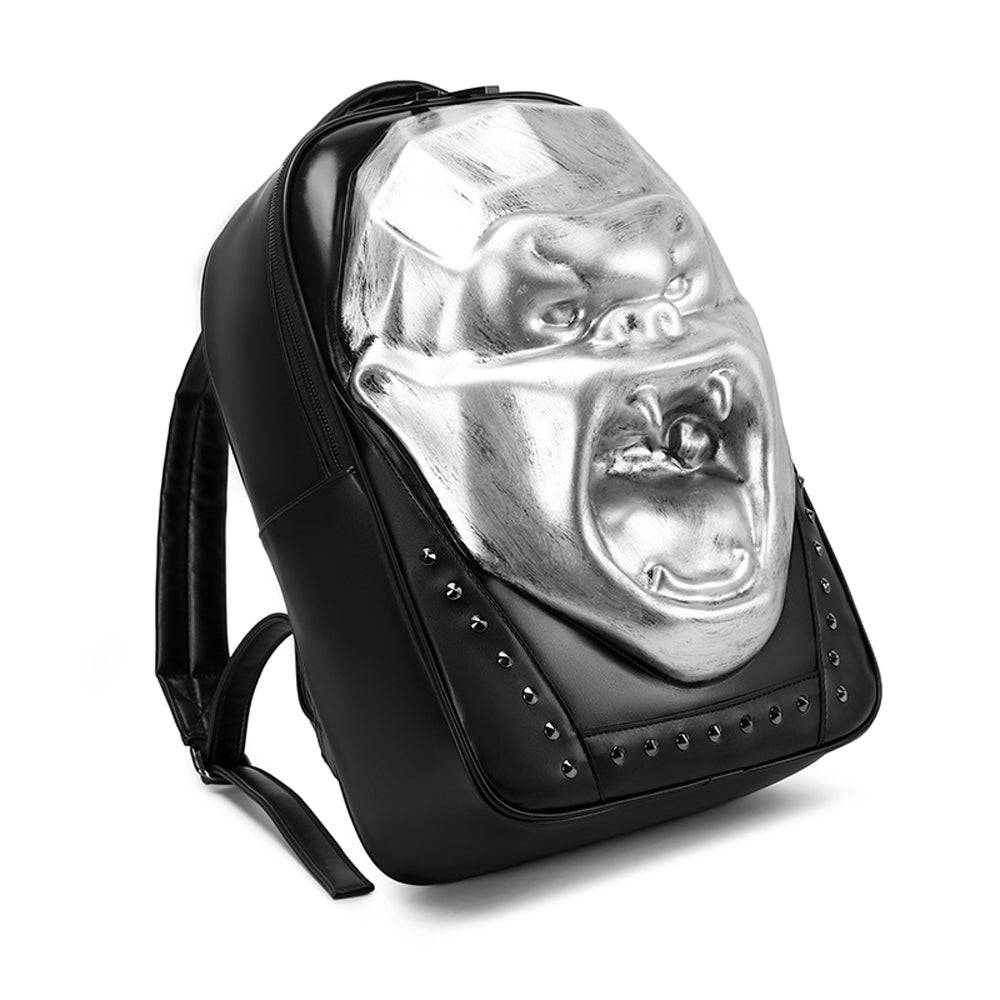 Cool unisex 3D skull and King Kong backpack by Rossie Viren, featuring studs, large capacity, and a stylish, edgy design.
