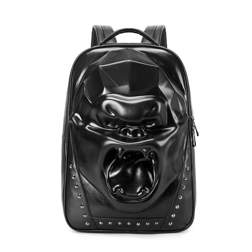 Unisex 3D skull and King Kong design backpack by Rossie Viren with studded details and large capacity for laptops and daily use.