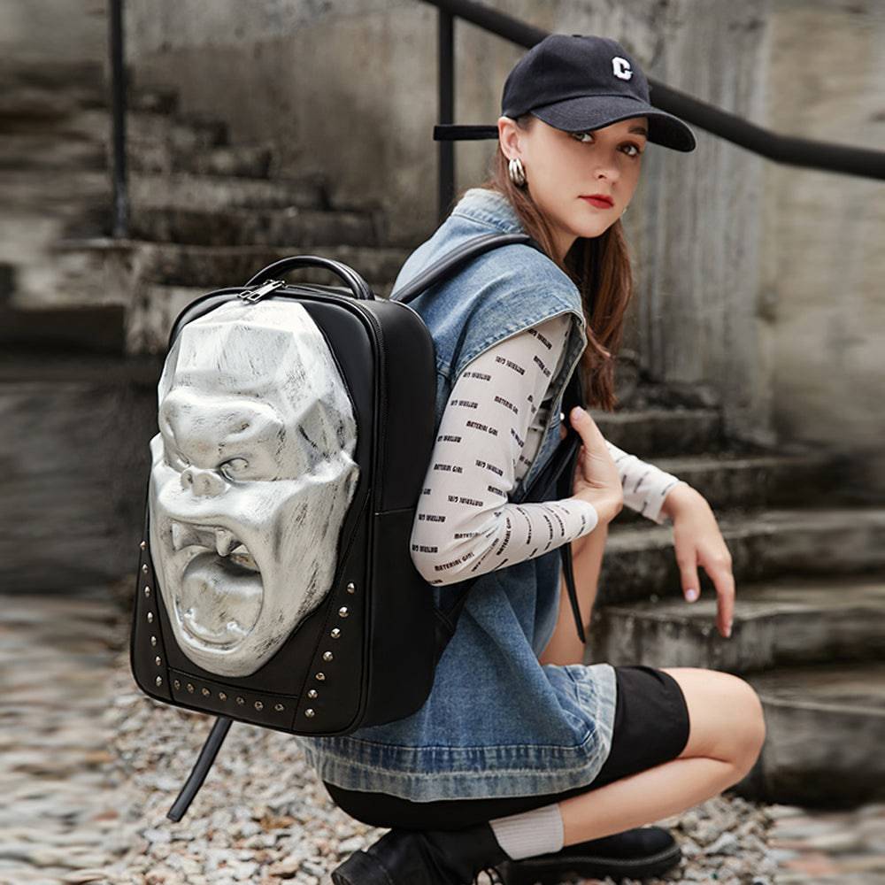 Unisex 3D skull and Angry King Kong design backpack with studs, large capacity laptop backpack by Rossie Viren.