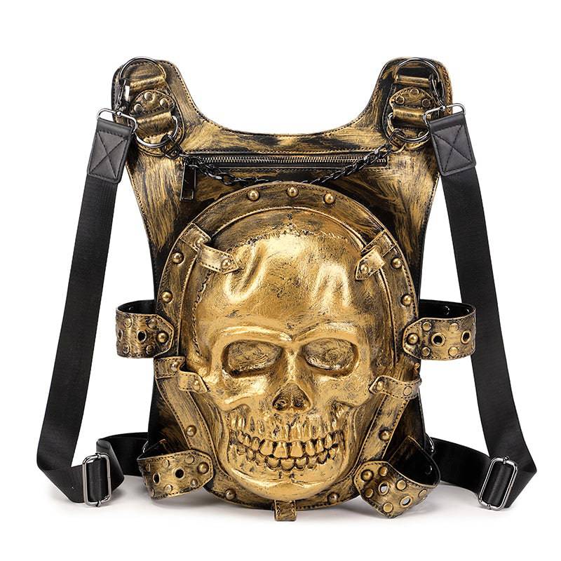 Rossie Viren unisex 3D skull backpack featuring chain handles, casual leisure style, with detailed skull design and spacious interior.