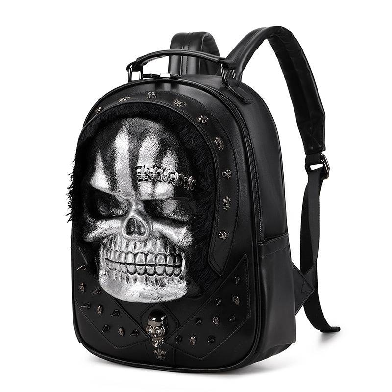 Rossie Viren 3D Skull Backpack with studded design and faux hair, stylish messenger bag featuring a bold skull motif.