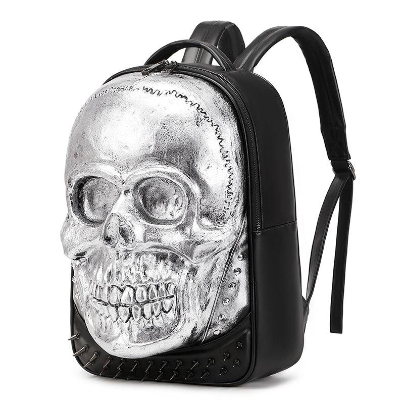 Rossie Viren unisex 3D skull backpack with smiling design, studded details, large capacity, ideal for laptops and daily use.