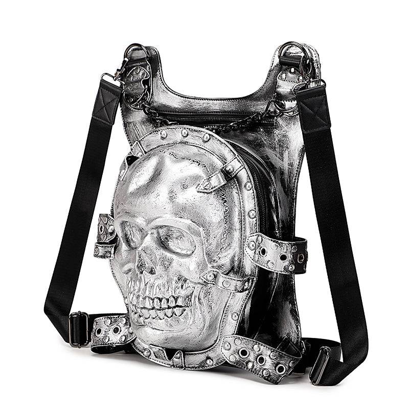 Rossie Viren unisex 3D skull backpack with chain handle, leisure bag featuring a bold skull design and adjustable straps.