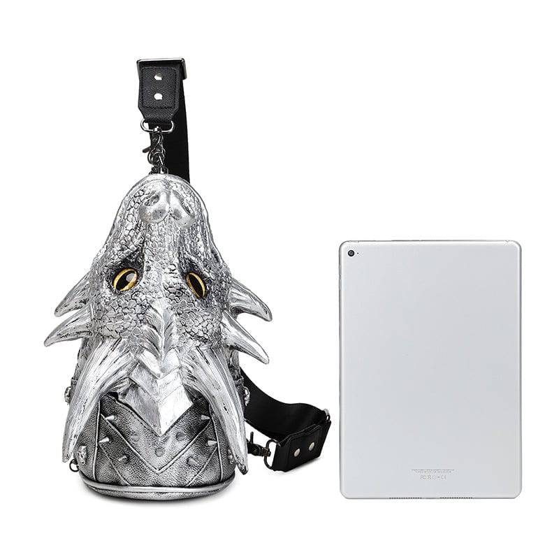 Rossie Viren 3D backpack with dragon head design, multi-way chest sling messenger bag, featuring bold, modern fashion style.