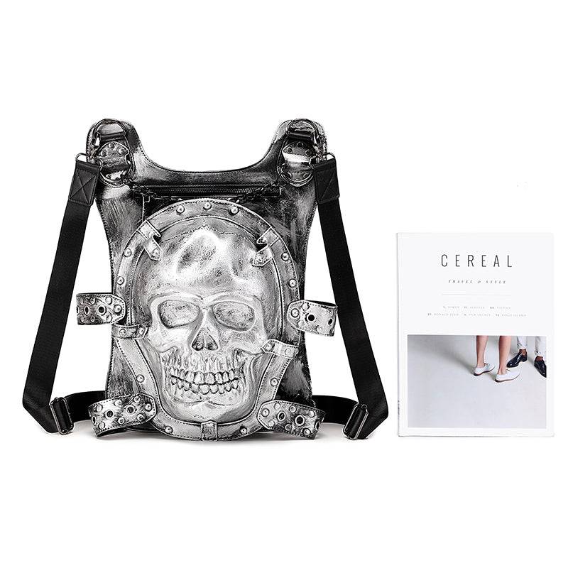 Unisex 3D skull backpack by Rossie Viren with chain handle, casual leisure design, featuring bold skull graphic and adjustable straps.