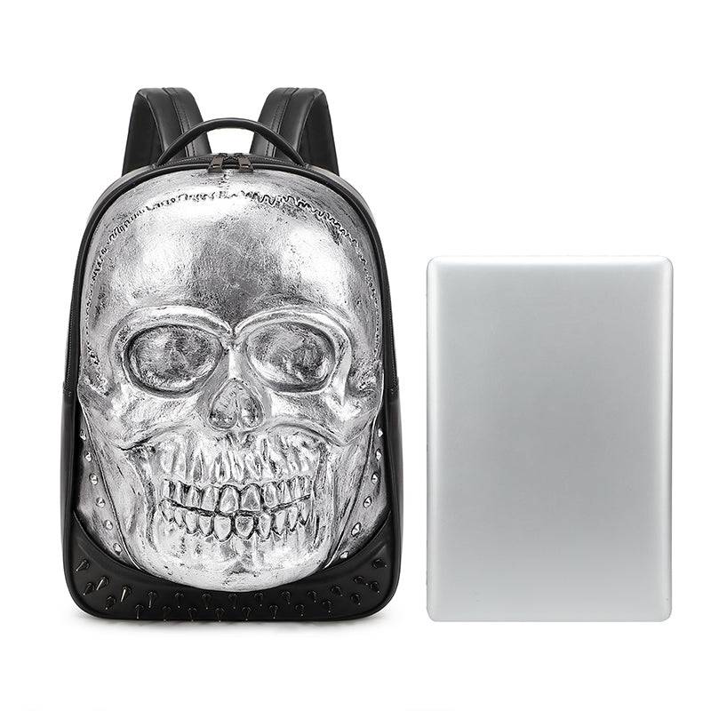 Rossie Viren unisex 3D skull backpack with smiling face, studded details, large capacity, ideal for laptops and daily use.