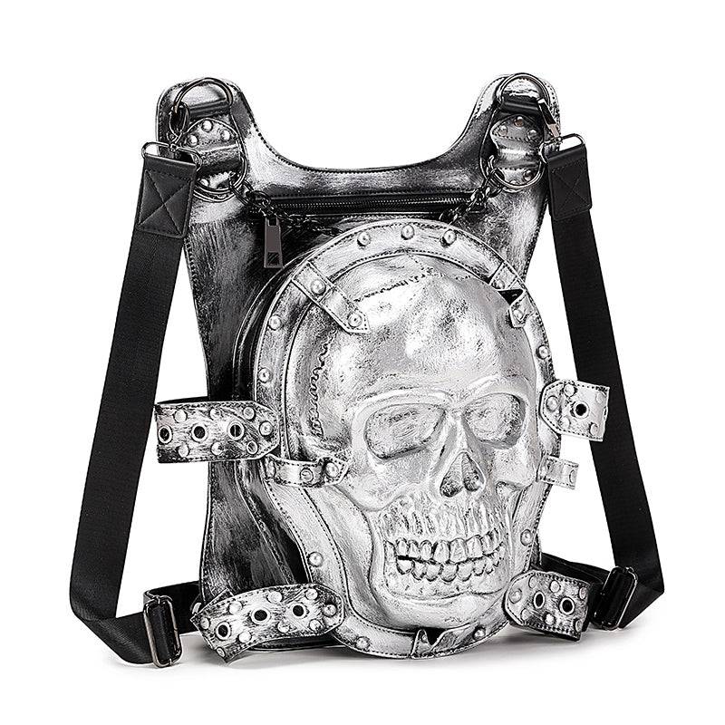Unisex 3D skull design leisure backpack with chain handle from Rossie Viren, featuring a spacious main compartment and adjustable straps.