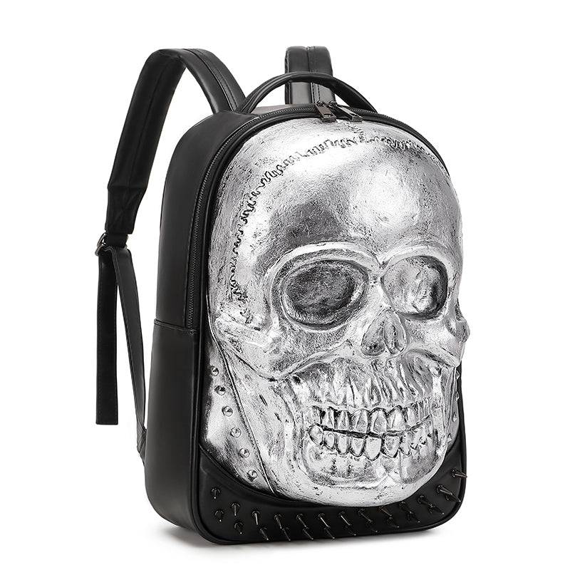 Unisex 3D skull backpack with smiling face, studded accents, large capacity, ideal for laptops, by Rossie Viren.