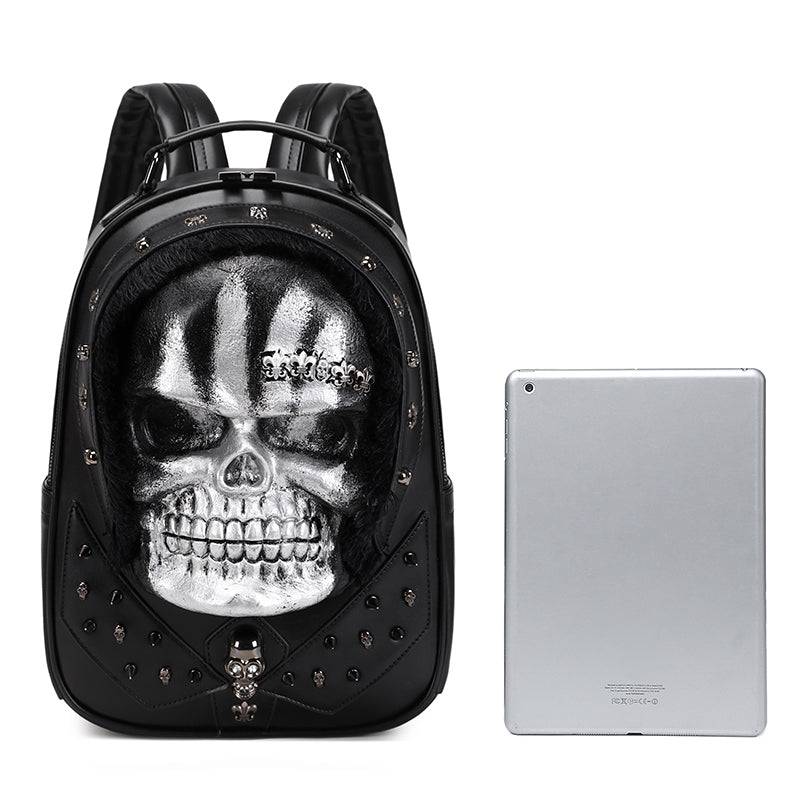 Rossie Viren 3D Skull Backpack with studded skull design and hair accents, a stylish messenger bag with a bold, edgy look.