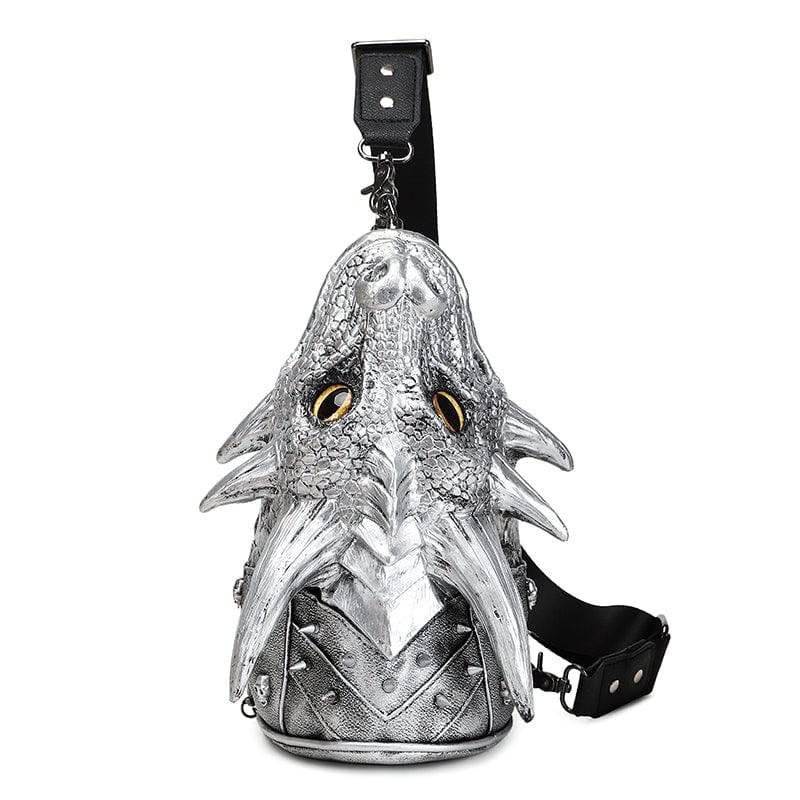 Rossie Viren 3D Dragon Head Backpack with adjustable straps and multi-way crossbody design, featuring a bold, detailed dragon graphic.