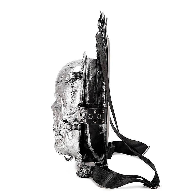 Rossie Viren unisex 3D skull backpack with chain handle, leisure style, featuring a bold skull design and versatile carry options.