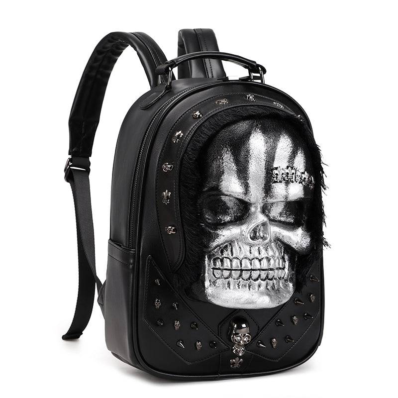 Rossie Viren 3D skull backpack with studded details, hair accents, and messenger bag style for a bold, edgy look.