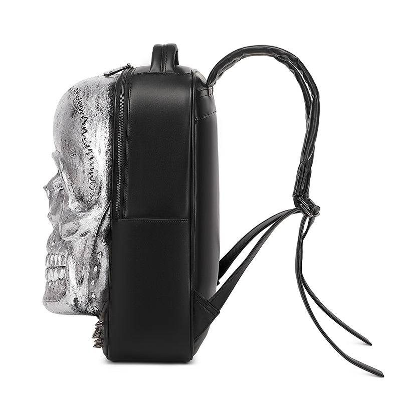 Unisex 3D smiling skull backpack by Rossie Viren with studded details, large volume, ideal for laptop storage and casual use.