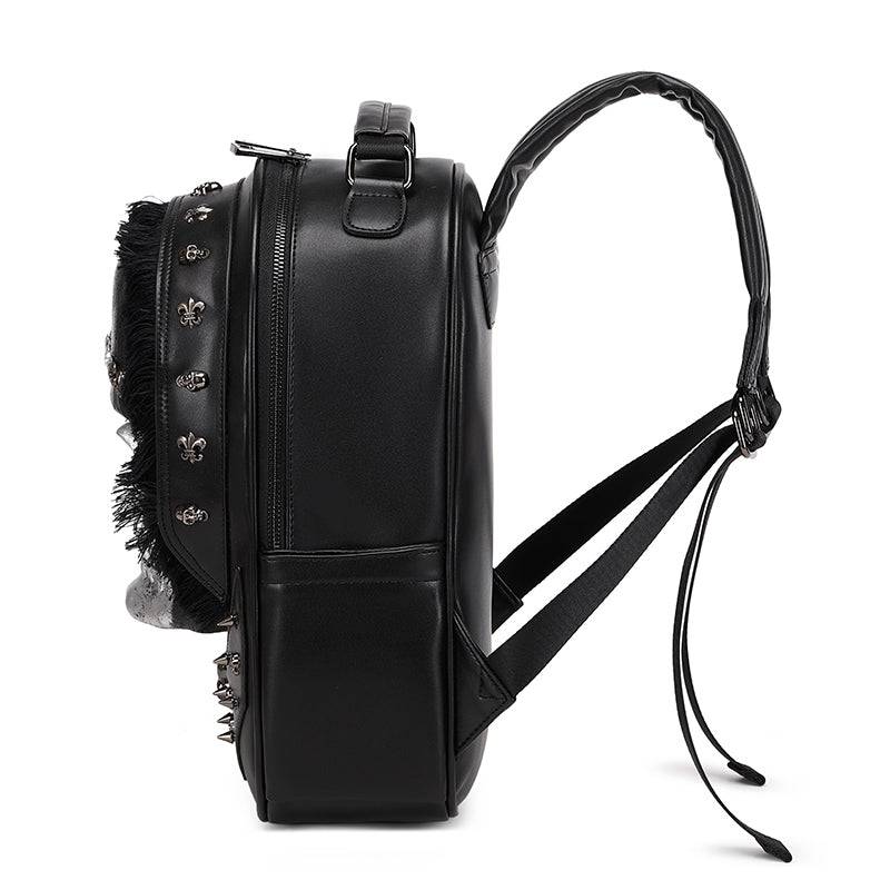 Rossie Viren 3D Skull Backpack with studded details, hair accents, and messenger bag design featuring a bold skull motif.