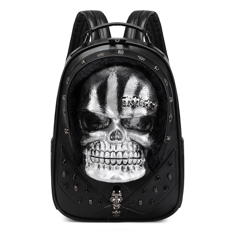 Rossie Viren 3D Skull backpack with studded design, featuring a hair motif, stylish messenger bag for casual or alternative fashion.