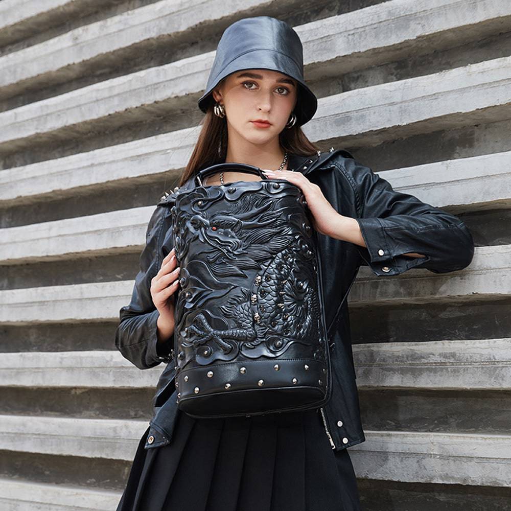 Rossie Viren 3D Dragon messenger backpack with double hovering dragon design, cylindrical shape, stylish fashion accessory.