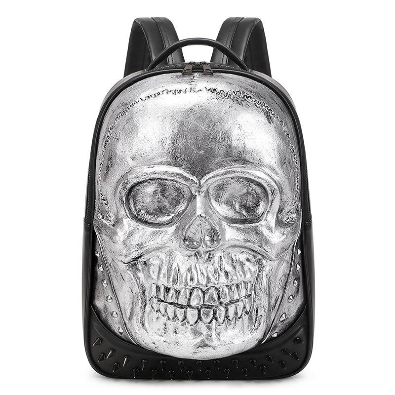Unisex 3D skull backpack by Rossie Viren featuring a smiling skull design, studs, and large capacity for laptops and essentials.