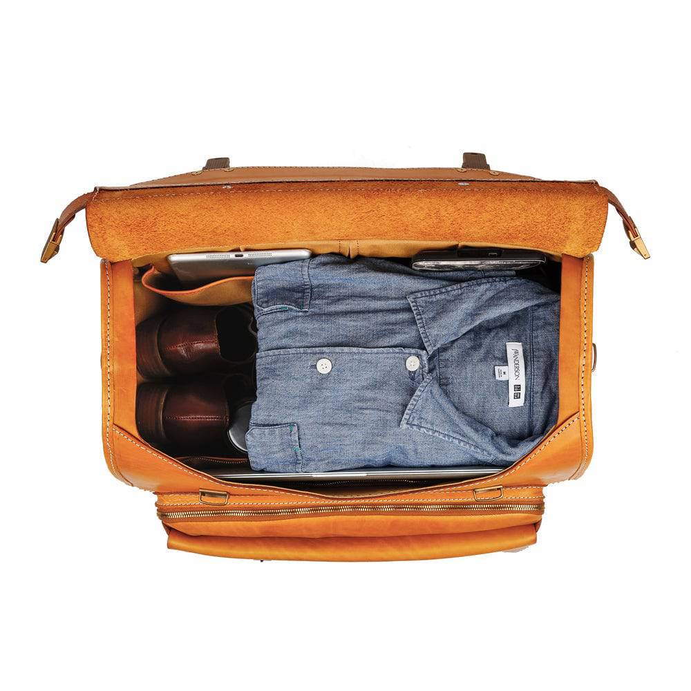 Vintage Camel Vegetable Tanned Leather 20" Carry-On Rolling Luggage with Spinner Wheels by Rossie Viren.