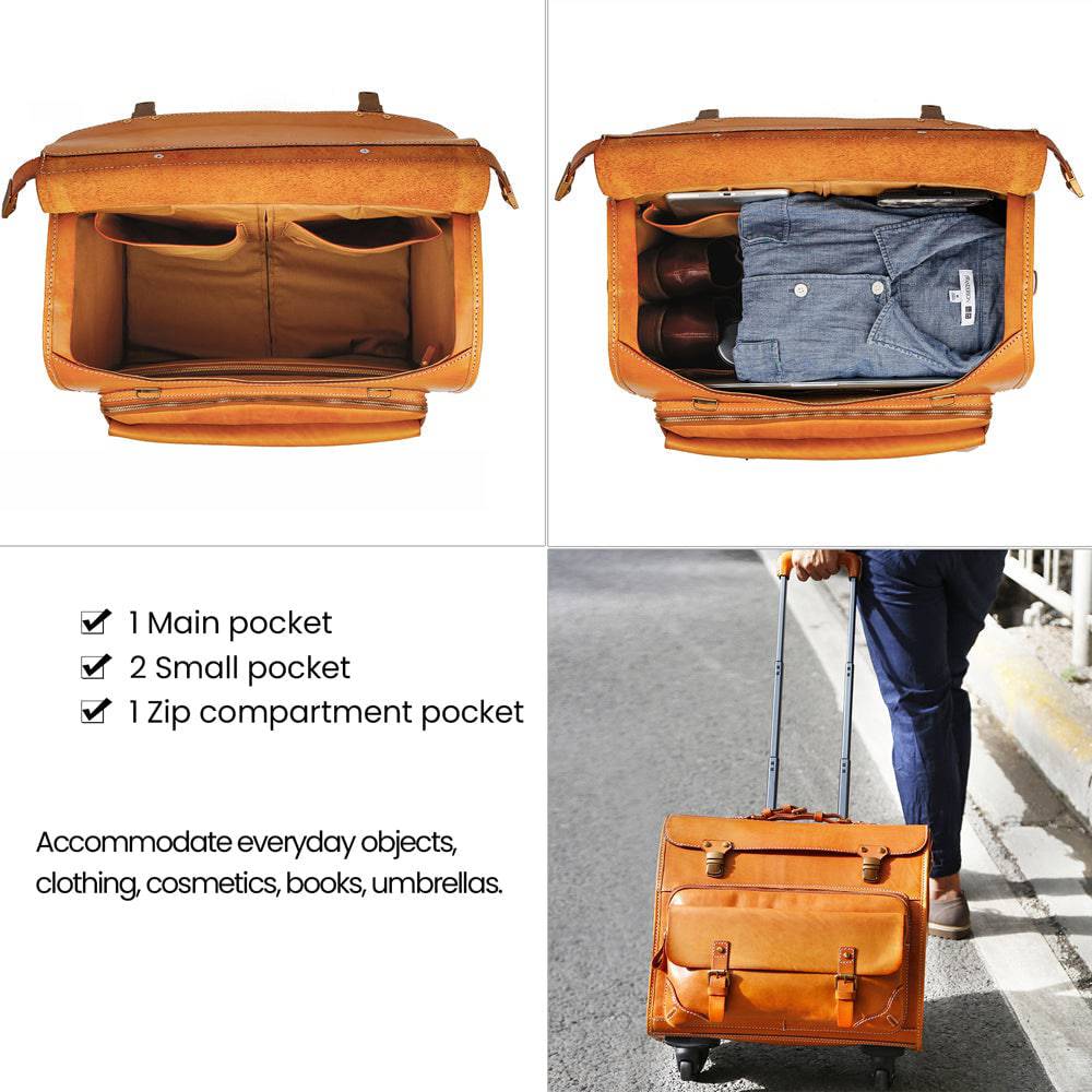 Vintage 20-inch vegetable tanned leather carry-on rolling suitcase by Rossie Viren with spinner wheels in camel color.