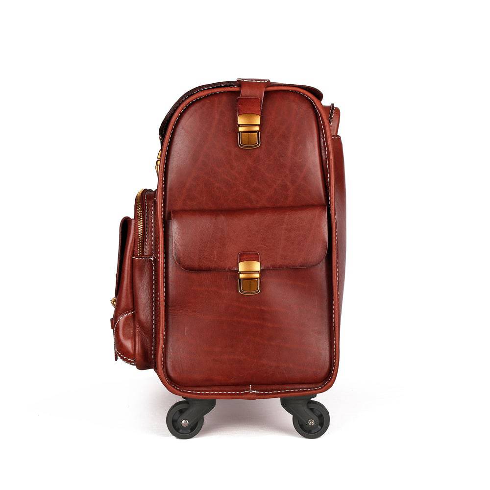 Vintage brown leather carry-on suitcase with wheels and spinner, Rossie Viren 20-inch vintage vegetable-tanned leather luggage.