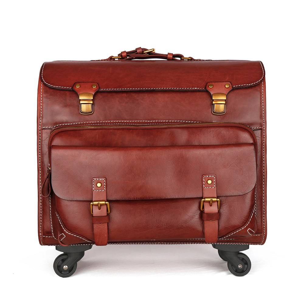 Vintage 20-inch vegetable tanned leather carry-on rolling suitcase with universal spinner wheels, brown old-fashioned travel luggage.