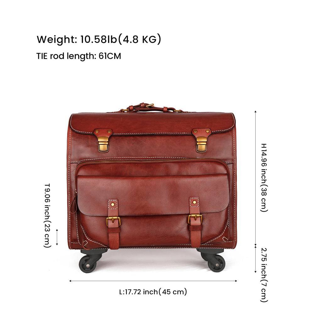 Vintage brown leather carry-on suitcase with spinner wheels, Rossie Viren 20-inch rolling luggage, durable vegetable-tanned leather.