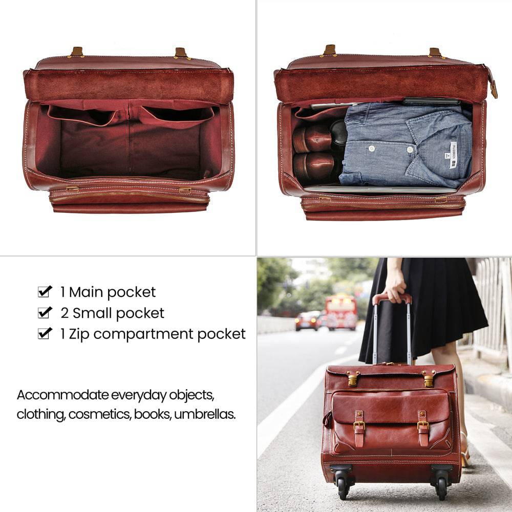 Vintage 20-inch vegetable tanned leather carry-on rolling suitcase with spinner wheels in brown, by Rossie Viren.