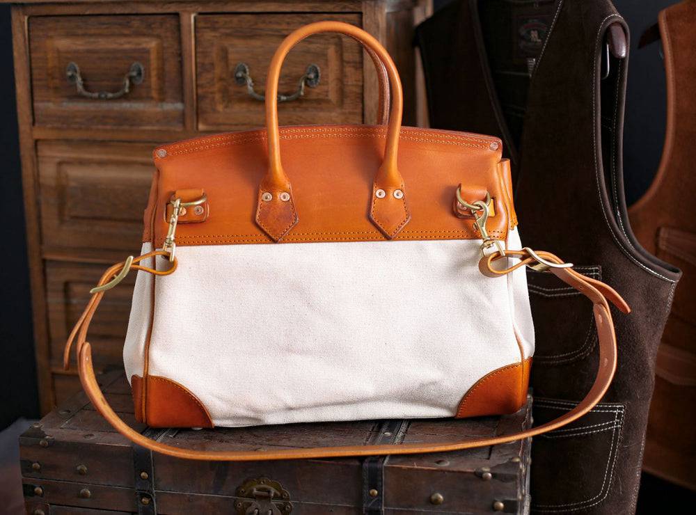 Unisex vintage oil wax leather top handle canvas bag by Rossie Viren, large size, with sturdy top handle and classic design.