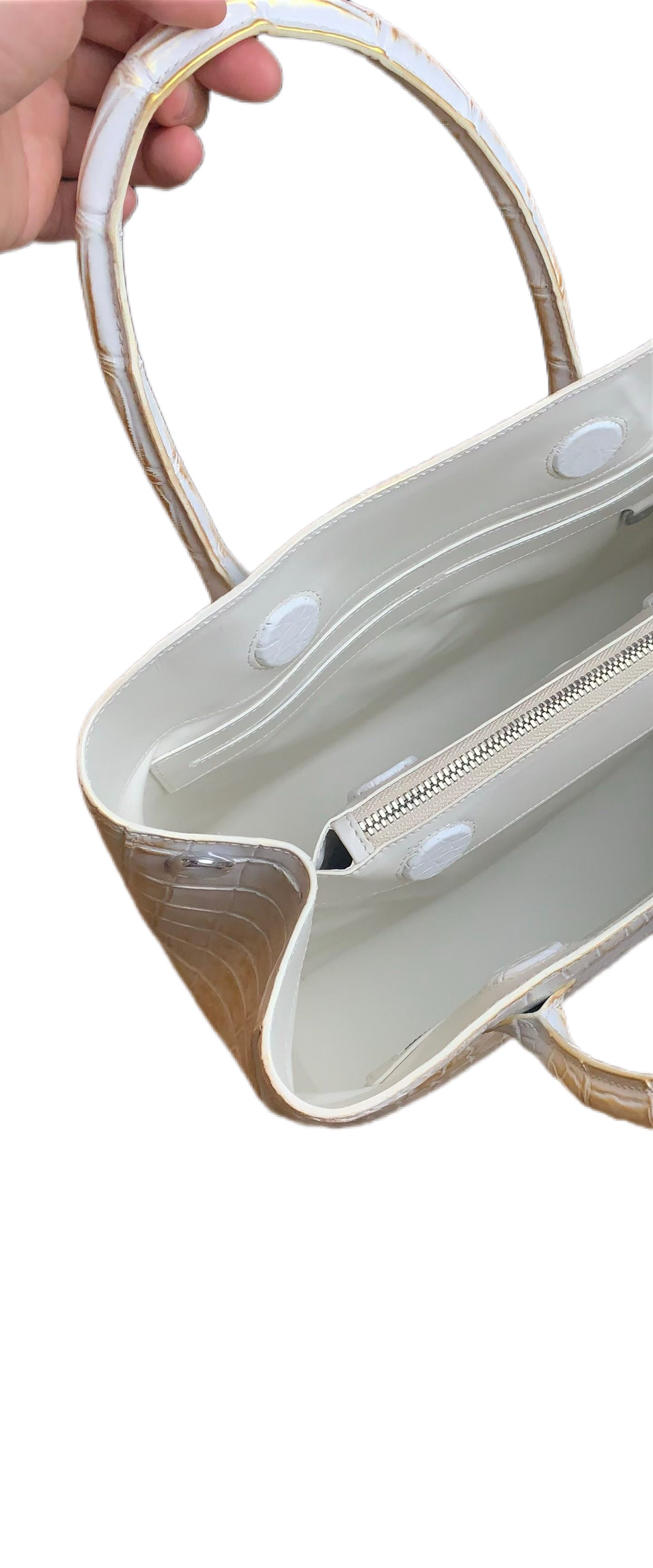 White Genuine Crocodile  Skin Leather Brushed Gold Top Handle Bag For Women