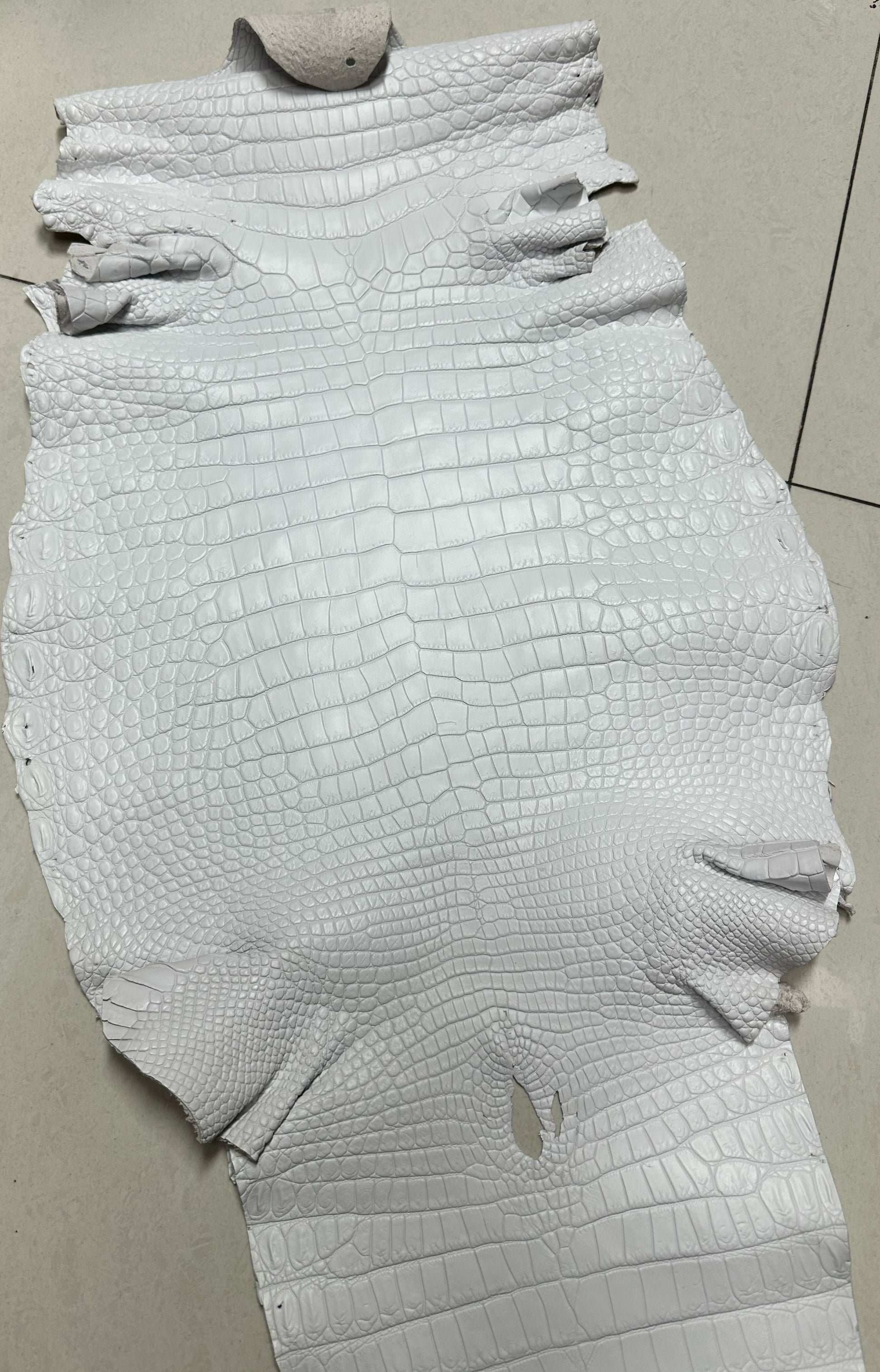 White crocodile leather small crossbody shoulder bag by Rossie Viren, featuring a sleek handbag design with a strap and textured finish.