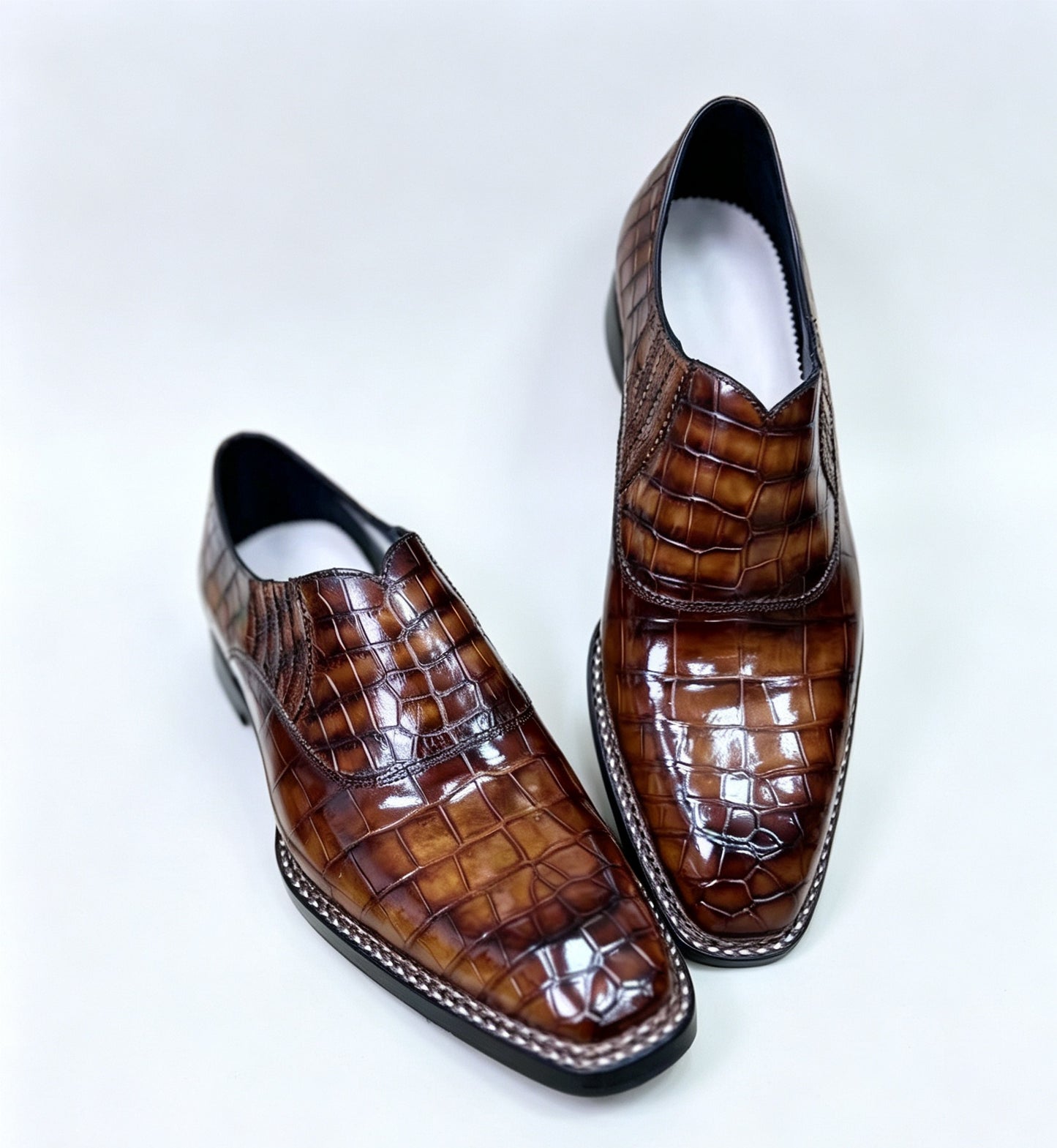 Crocodile Shoes, Men's Vintage Brown Crocodile Leather Loafer Slip-On Shoes