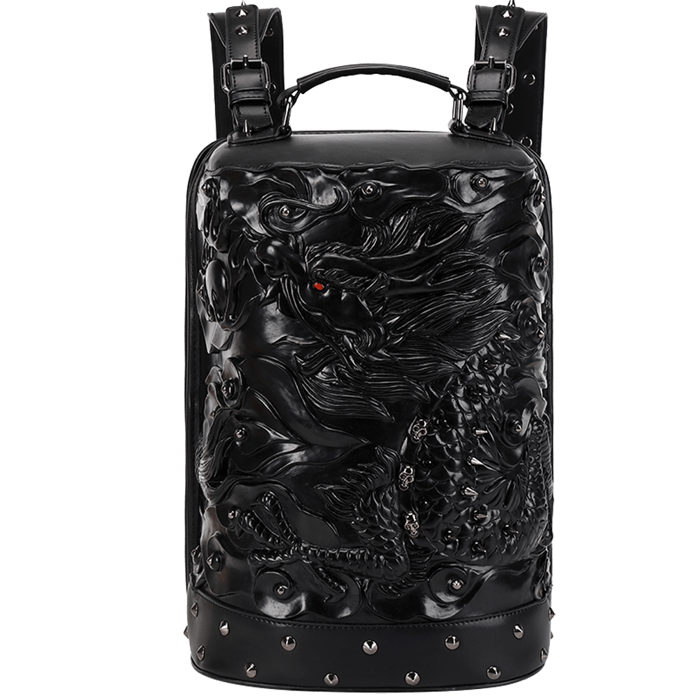 Rossie Viren 3D double hovering dragon messenger bag with cylinder design, featuring vibrant dragon graphics on the backpack.