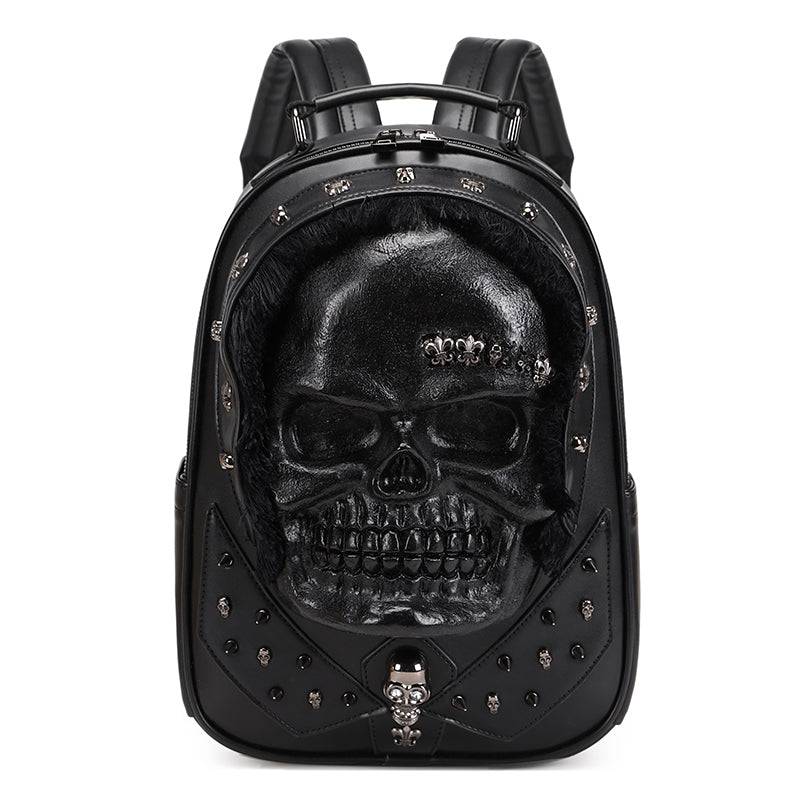 Rossie Viren 3D Skull Backpack with studded details and hair accents, stylish messenger bag showcasing a skull design.