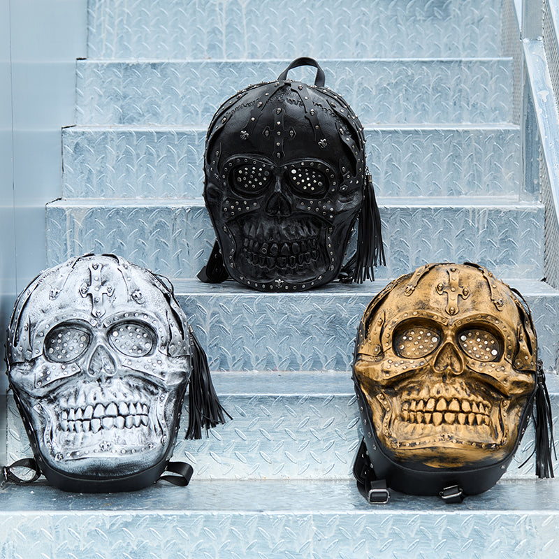 Rossie Viren 3D PU Leather Skull Studded Backpack showing detailed 3D skull design and studded accents on black leather surface.