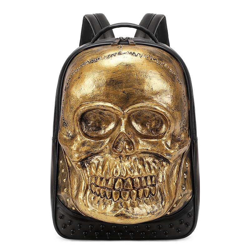 Unisex 3D skull backpack by Rossie Viren featuring a smiling skull design, studded accents, and large capacity for laptops.