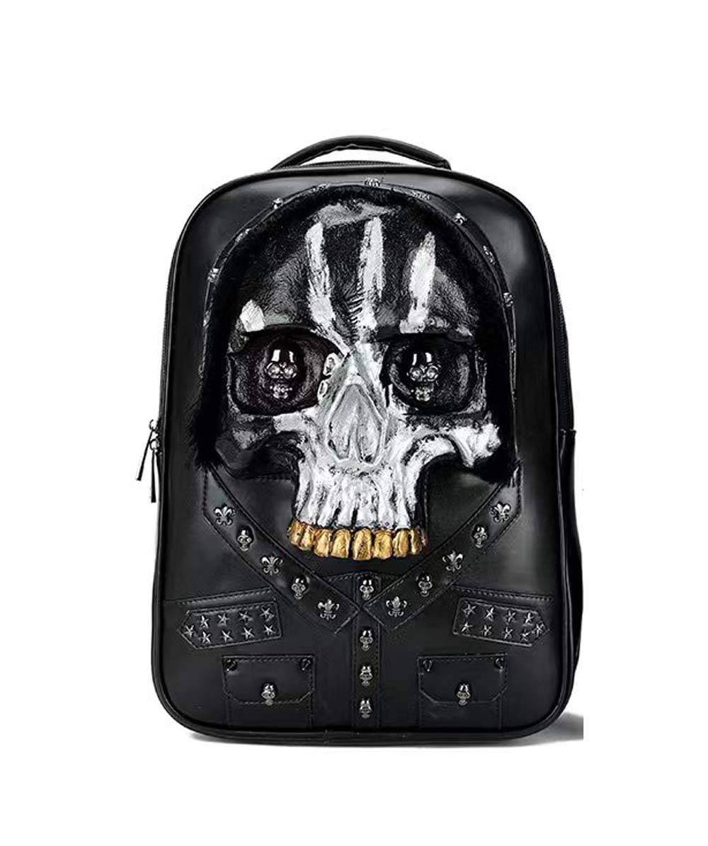 Rossie Viren 3D skull backpack with studded details and faux hair, large messenger bag suitable for laptops, edgy and stylish.