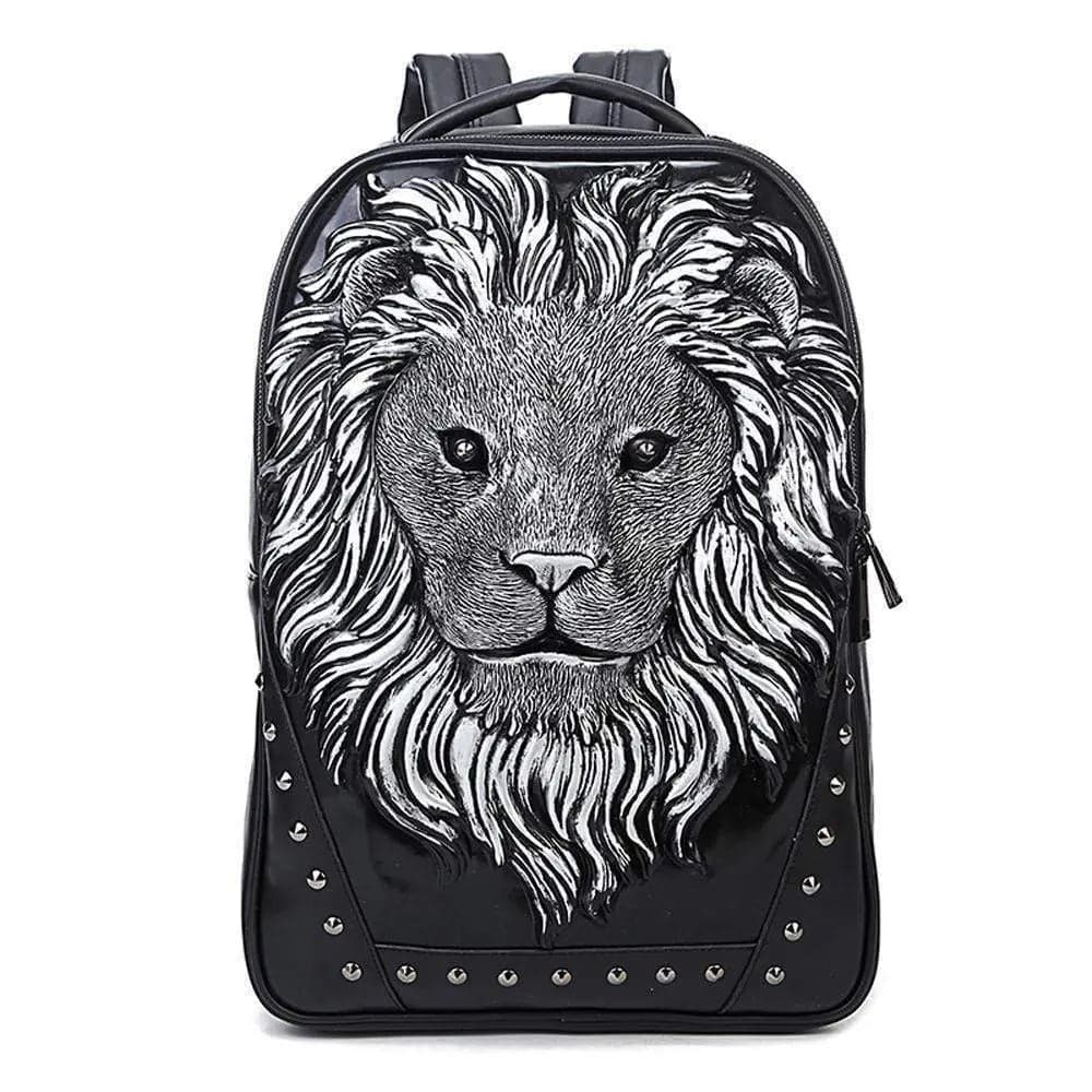 Rossie Viren 3D Lion Head Backpack with detailed animal design, outdoor travel and computer storage features.