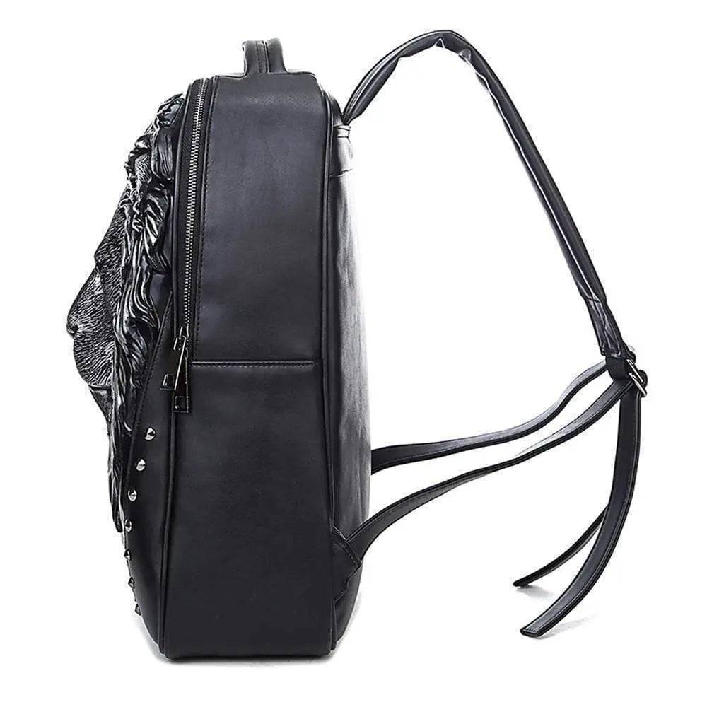 Rossie Viren 3D lion head backpack with animal design, outdoor travel style, spacious compartment, and computer storage.