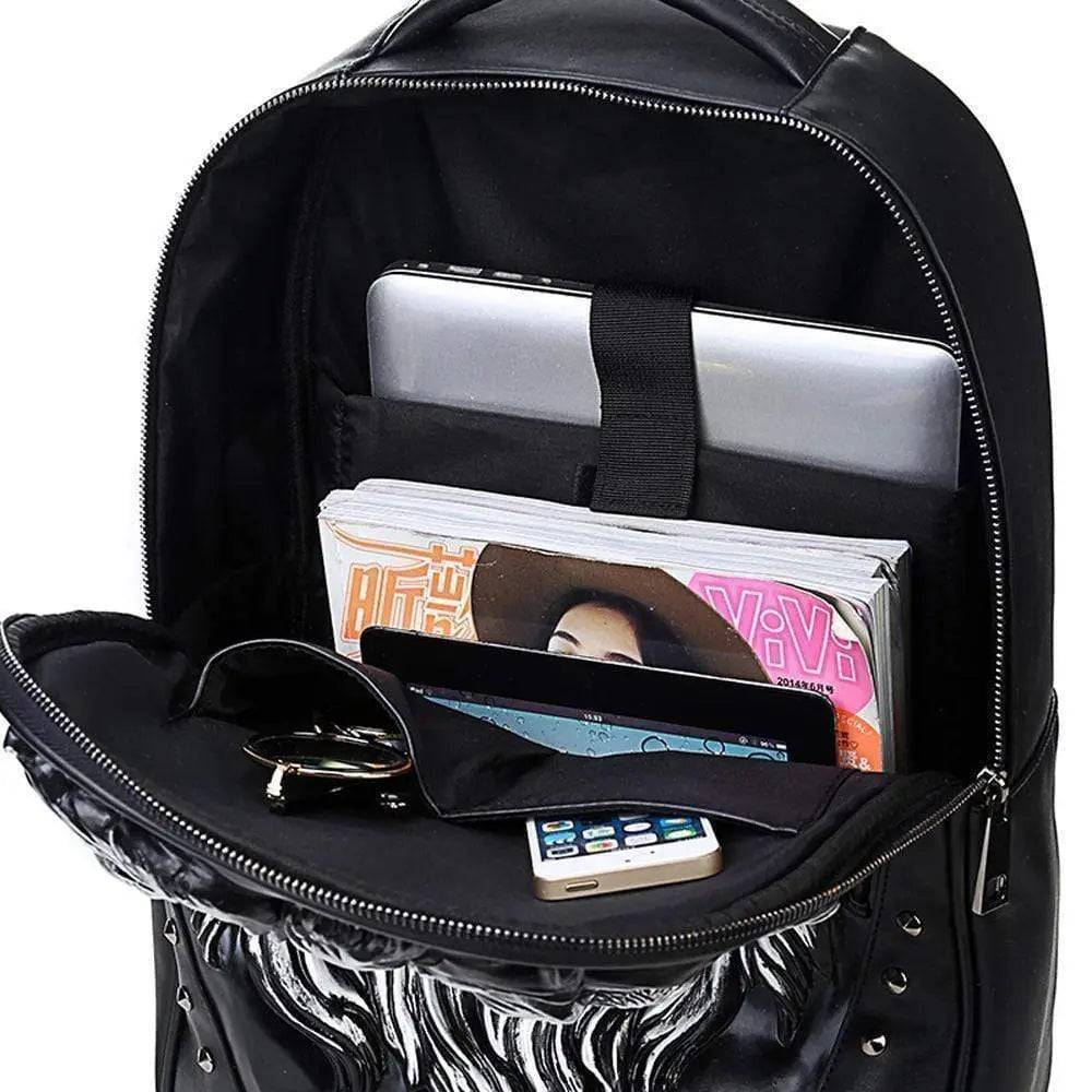 Rossie Viren 3D lion head backpack featuring detailed animal design, outdoor and travel style with spacious compartments.