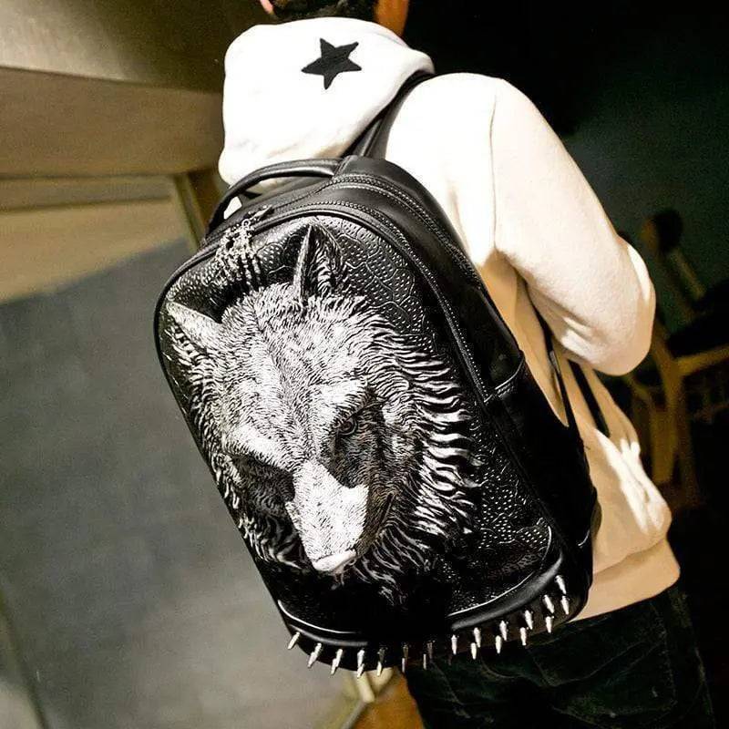 Rossie Viren 3D wolf face backpack showing detailed 3D animal design, without hat, ideal for kids and animal lovers.