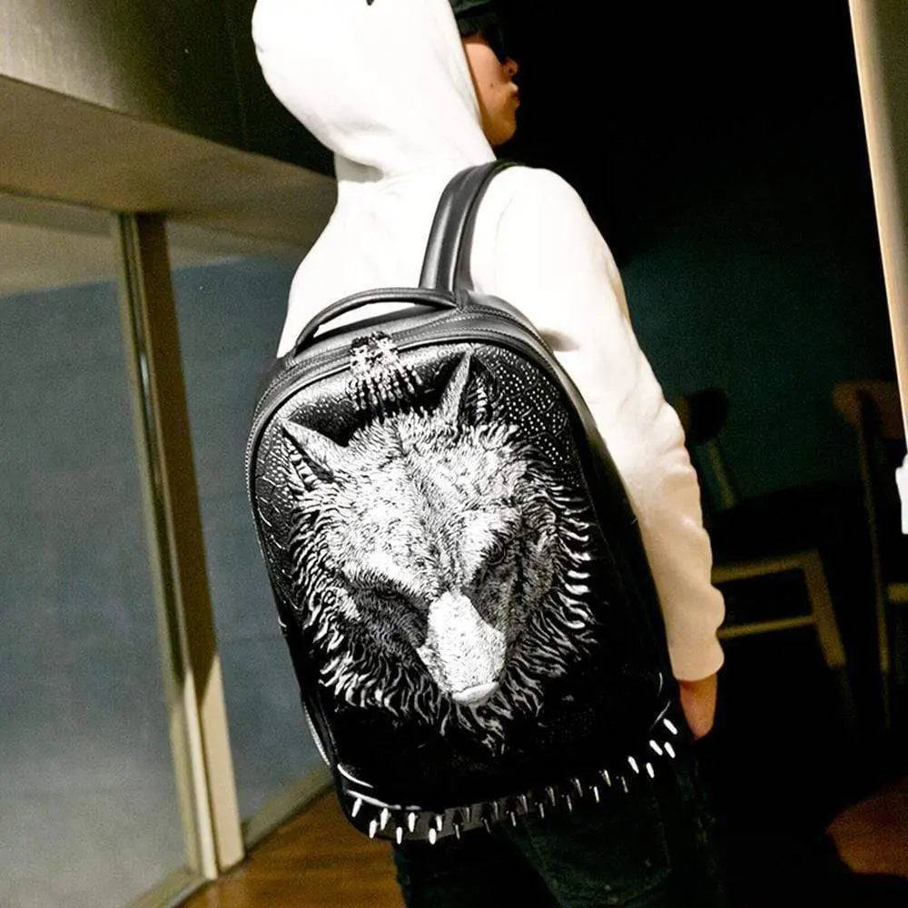 Rossie Viren 3D wolf face backpack featuring detailed 3D animal modeling, without a hat, ideal for kids and teens.