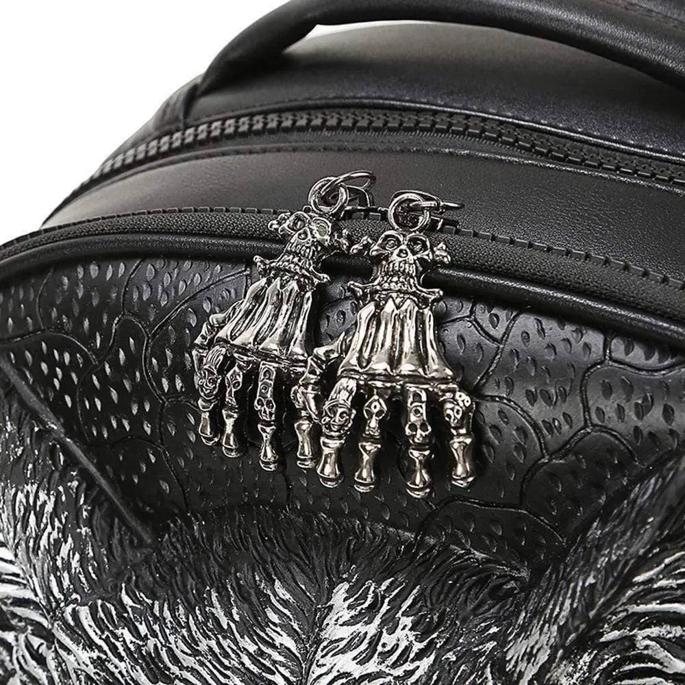 Rossie Viren 3D wolf face backpack showing detailed 3D animal design, without hat, made for kids and animal enthusiasts.