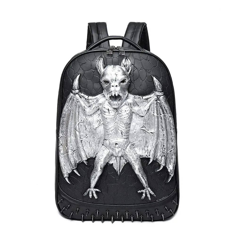 Rossie Viren 3D evil bat PU studded computer backpack with padded straps and zip closure, featuring a dark, edgy design.