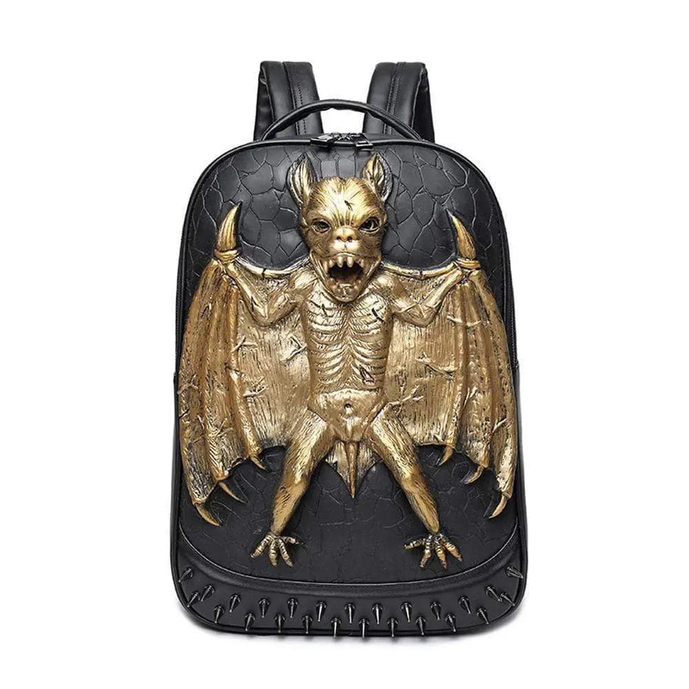 Rossie Viren 3D evil bat PU studded computer backpack with bat design and multiple compartments, perfect for tech and casual use.
