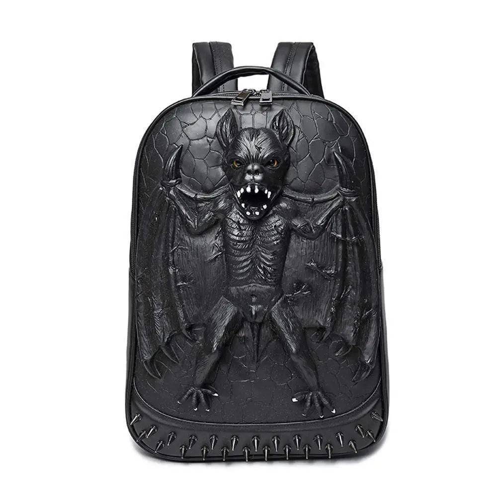 3D evil bat design PU studded computer backpack bag by Rossie Viren with adjustable straps and multiple compartments.