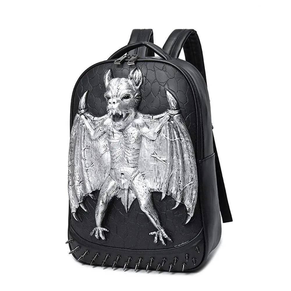 3D evil bat design PU studded computer backpack bag by Rossie Viren with adjustable straps and multiple compartments.