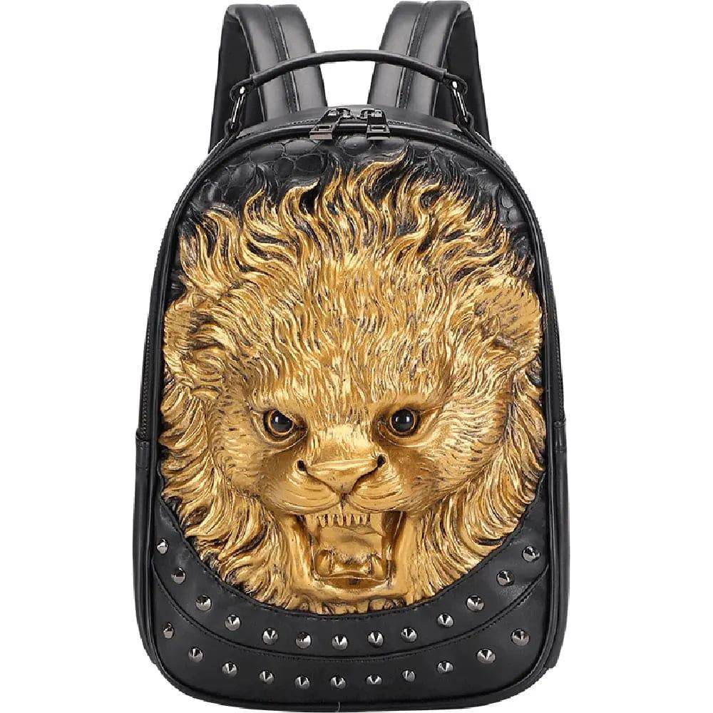 Unisex 3D Lion backpack by Rossie Viren featuring a small, happy lion face design on a stylish leisure backpack.