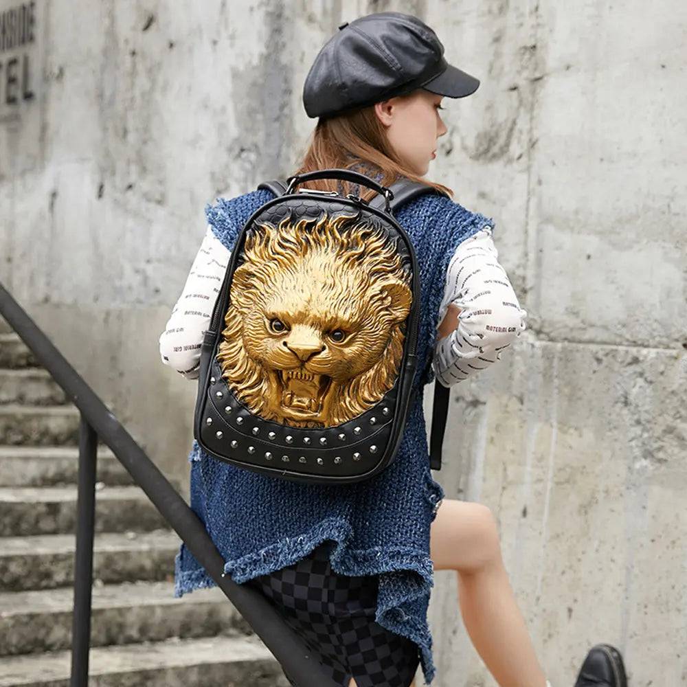 Unisex 3D Lion backpack by Rossie Viren featuring a cheerful small lion design, perfect for casual and leisure use.